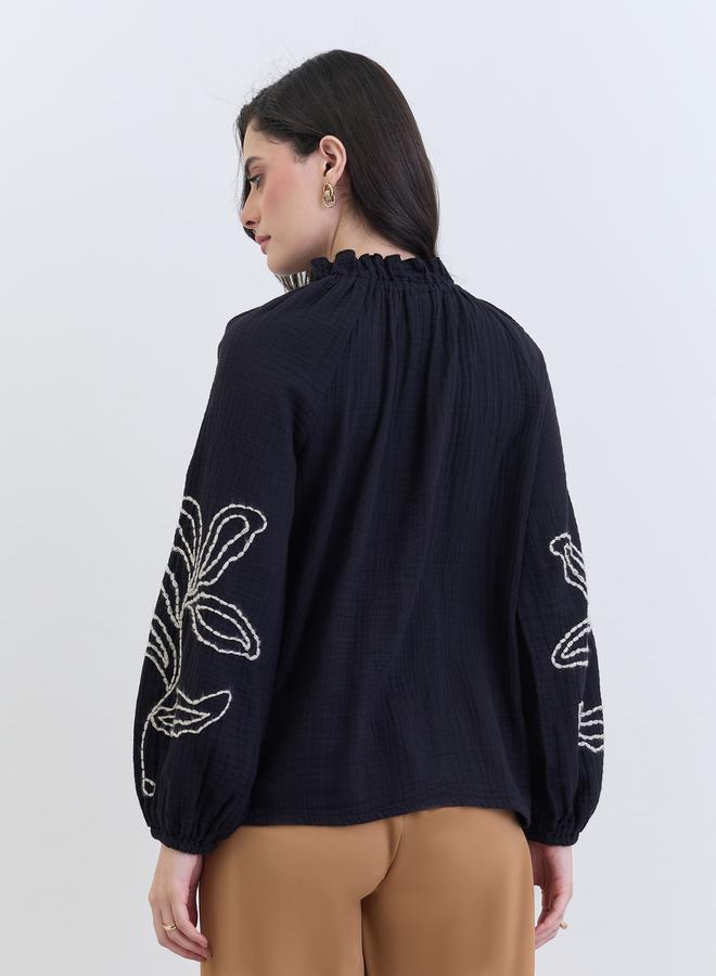 Styli Black Embroidered Long Sleeve Blouse - Image 5